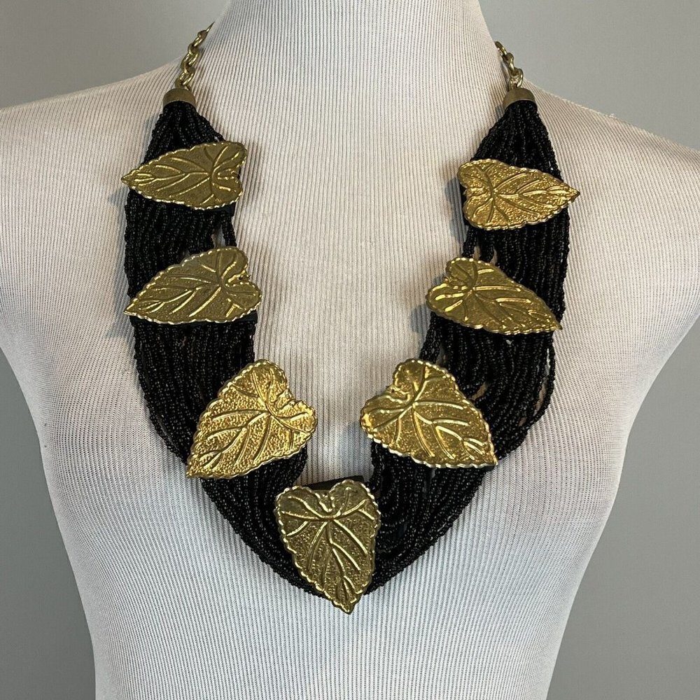 Statement‎ Leaf Bib Necklace Brass Tone Black Beaded Witchy Vtg 80s